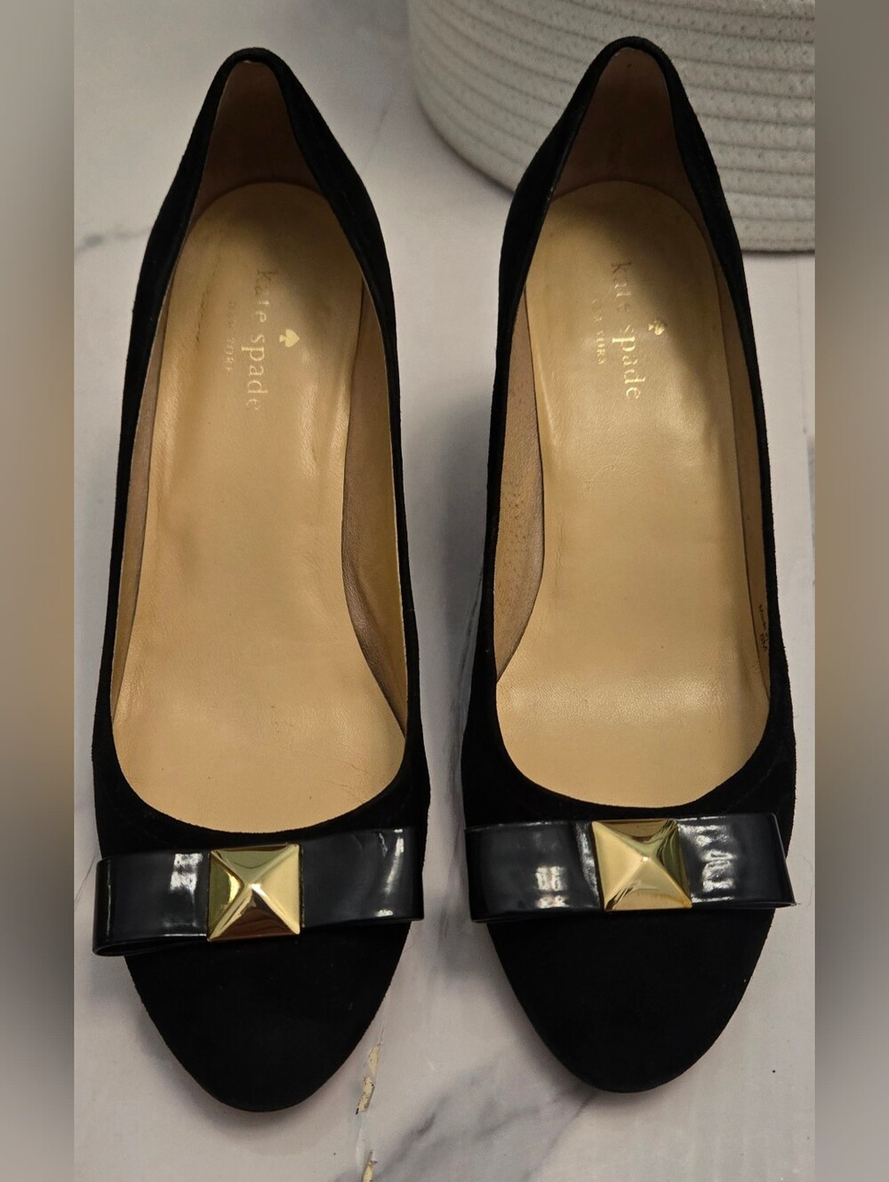 kate spade Black Suede wedges with Patent heels sz 8M